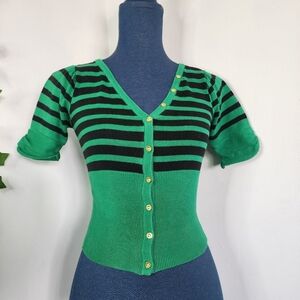 H&M Divided Green and Black Striped Crop Cardigan Sweater